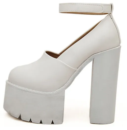 White Chunky Cleated Block High Heels