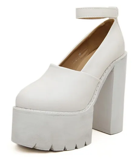 White Chunky Cleated Block High Heels