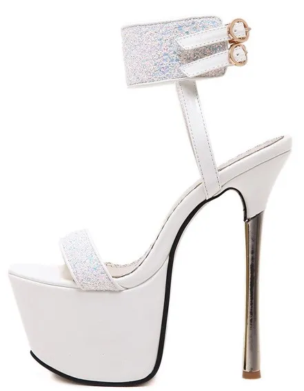 Shimmery White Bridal Platforms with Gold Stiletto Heels and Ankle Straps