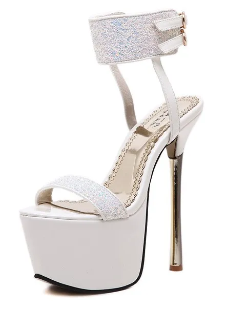 Shimmery White Bridal Platforms with Gold Stiletto Heels and Ankle Straps