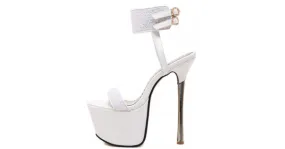 Shimmery White Bridal Platforms with Gold Stiletto Heels and Ankle Straps