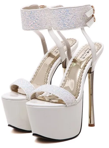 Shimmery White Bridal Platforms with Gold Stiletto Heels and Ankle Straps