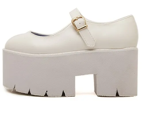 White Mary Janes Chunky Cleated Flats Shoes