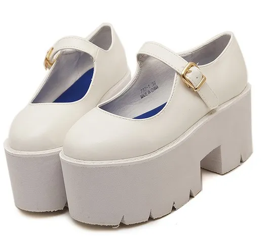 White Mary Janes Chunky Cleated Flats Shoes