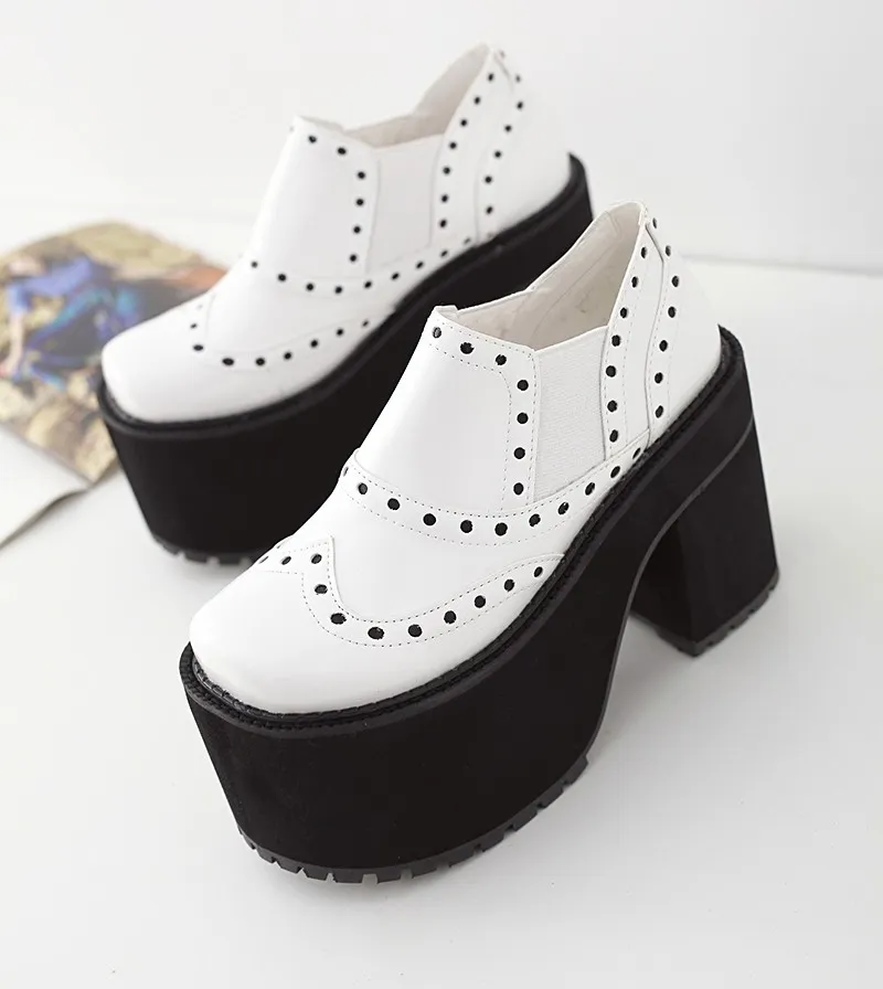 White Lolita Punk Rock High Heels with Metal Studs