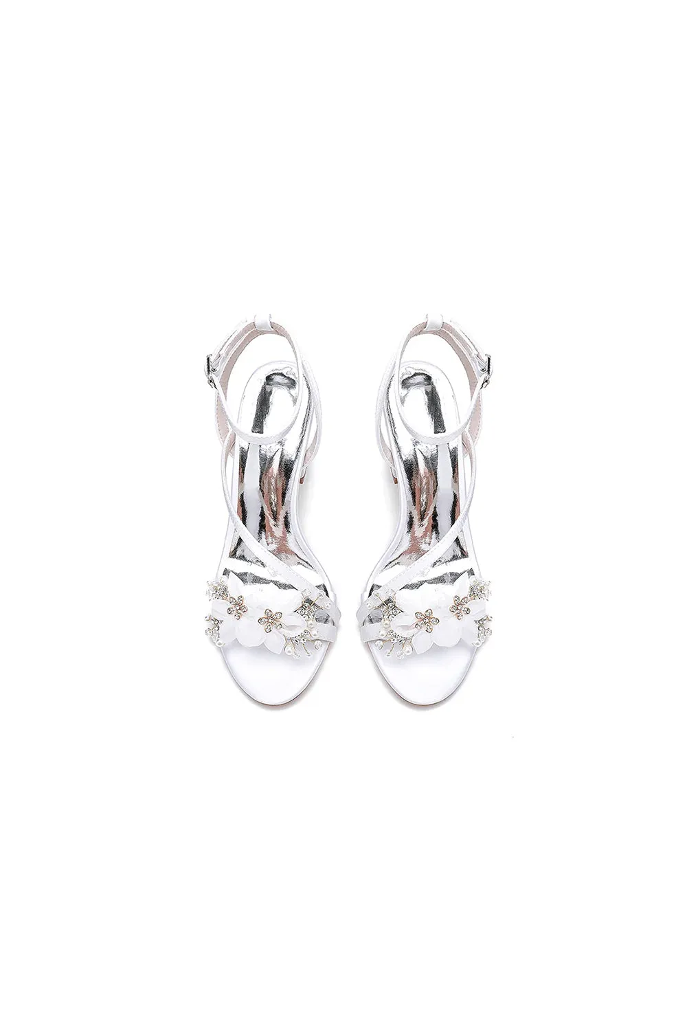 White Open Toe Ankle Strap Chunky Heels with Rhinestone Flower