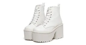 White Patent Lace Up Platforms Punk Rock Chunky Heels Boots Creepers Shoes