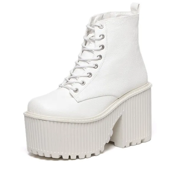 White Patent Lace Up Platforms Punk Rock Chunky Heels Boots Creepers Shoes