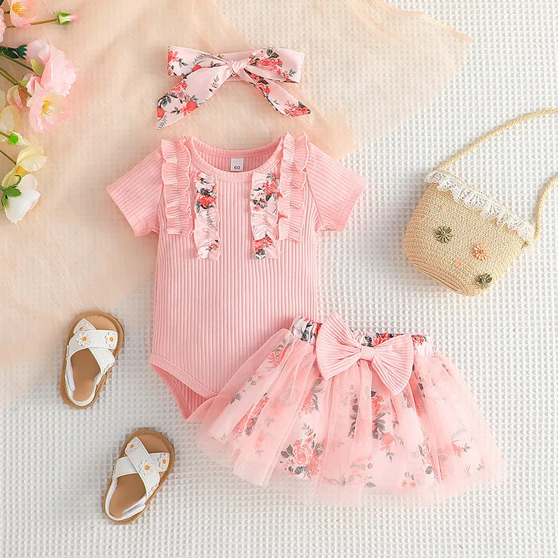 Wholesale Flower Print Rompers and Skirts Set for Baby Girls - 2 Pieces (24011112)