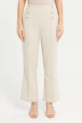 Women Beige Button Detailed Trousers