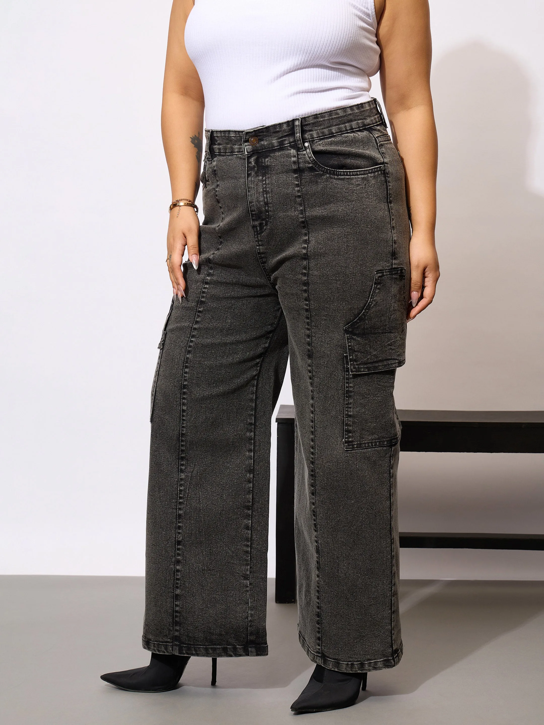 Women Black Denim Acid Wash Flap Pocket Cargo Jeans