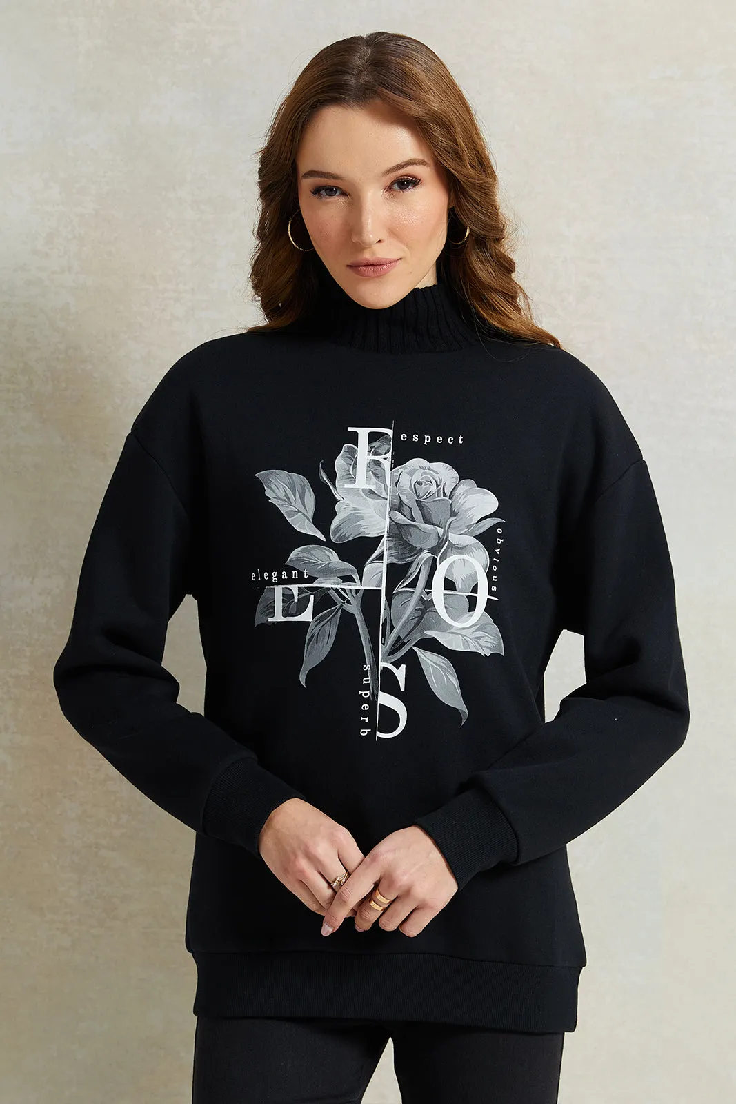 Women Black Printed Sweatshirt