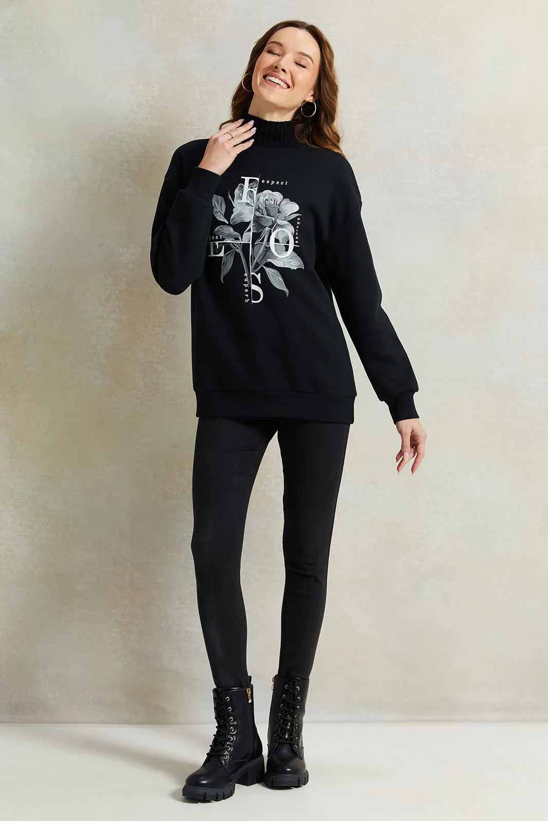 Women Black Printed Sweatshirt