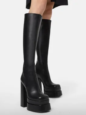 Modern Two-Tone Chunky Heel Knee Boots