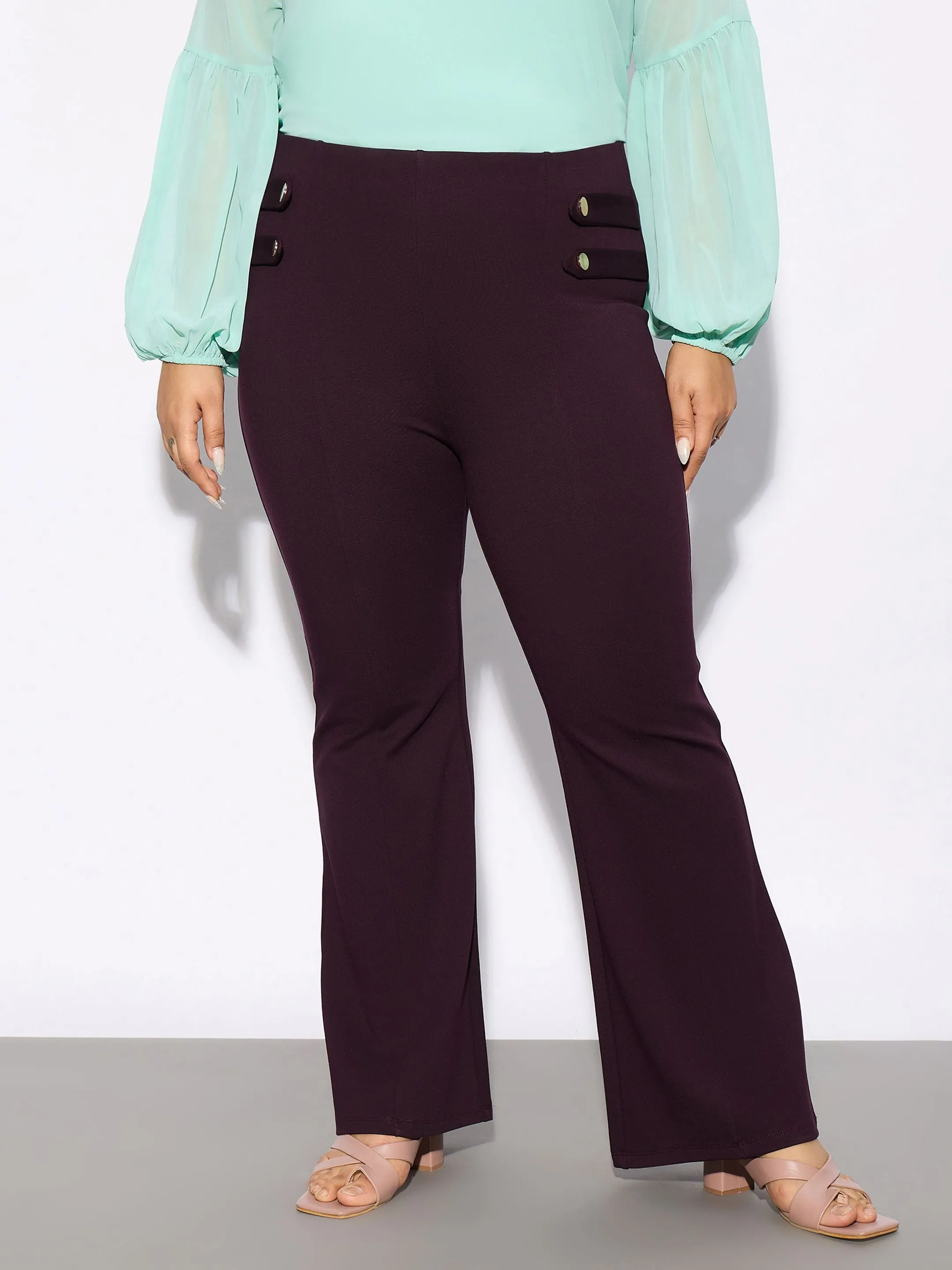 Women Burgundy Bell Bottom Trousers