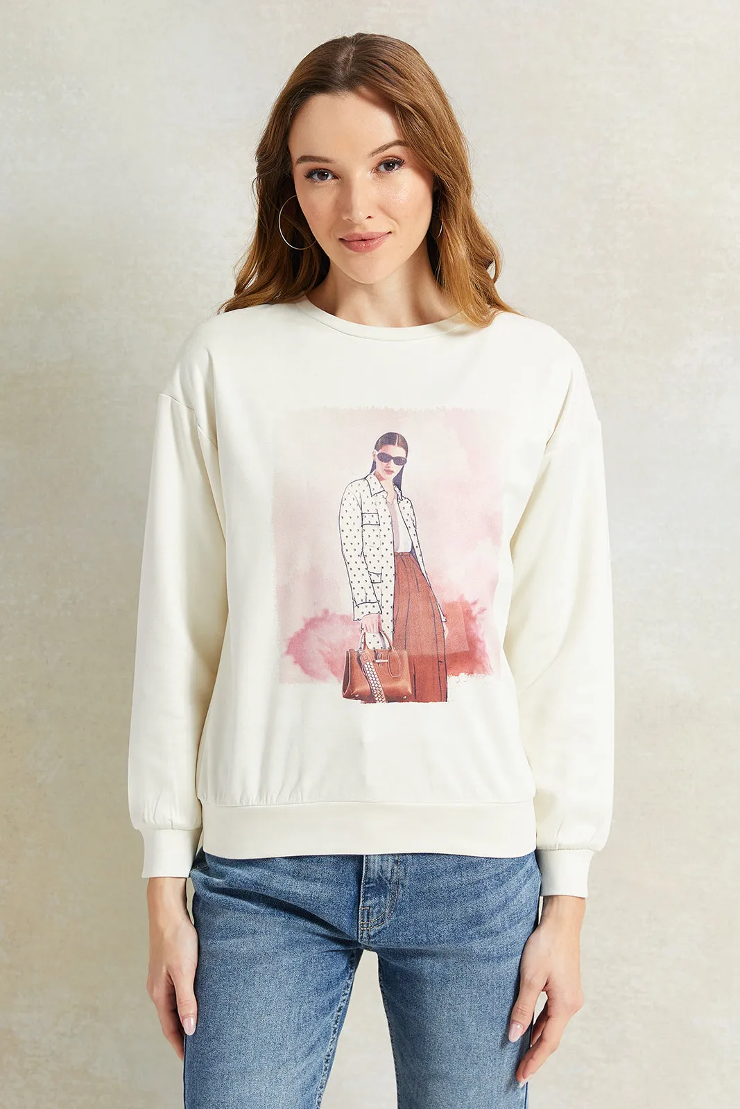 Women Cream Printed Sweatshirt