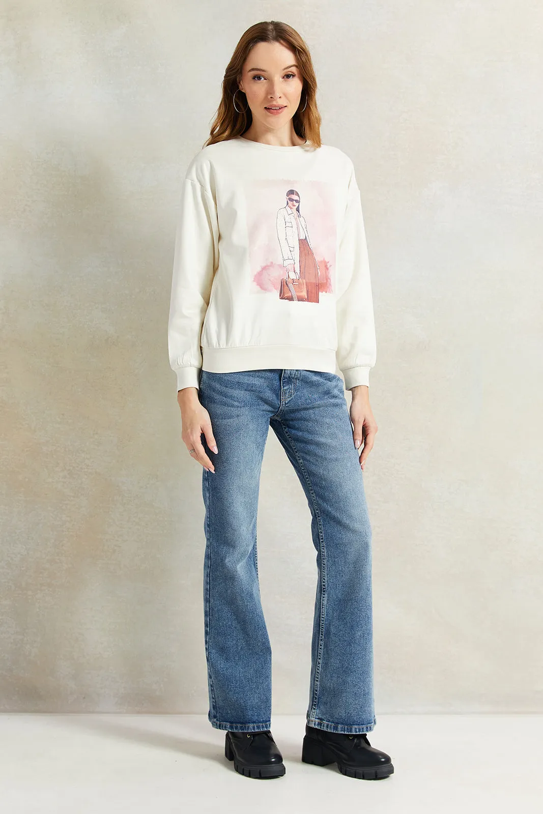 Women Cream Printed Sweatshirt