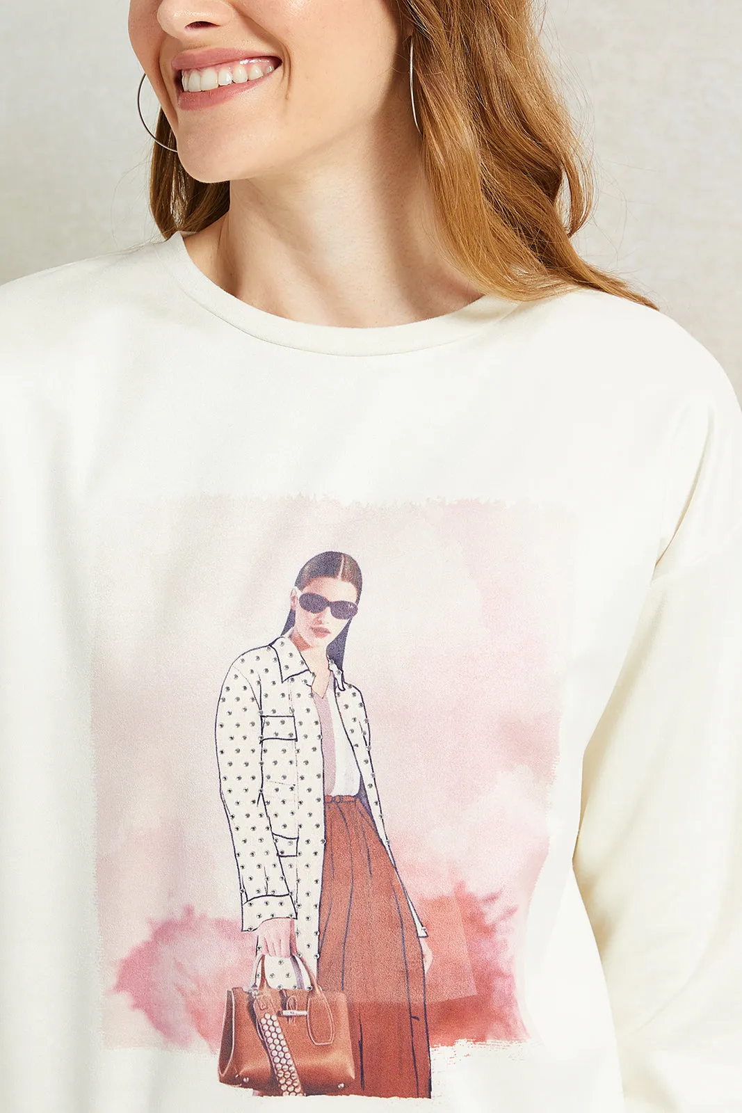 Women Cream Printed Sweatshirt