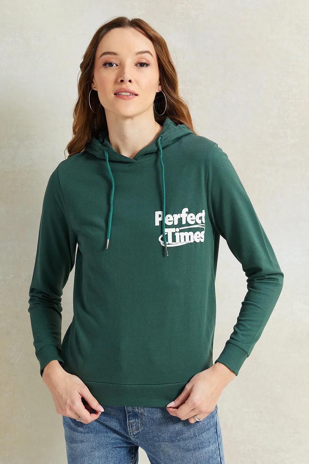 Women Green Print Hooded Sweatshirt