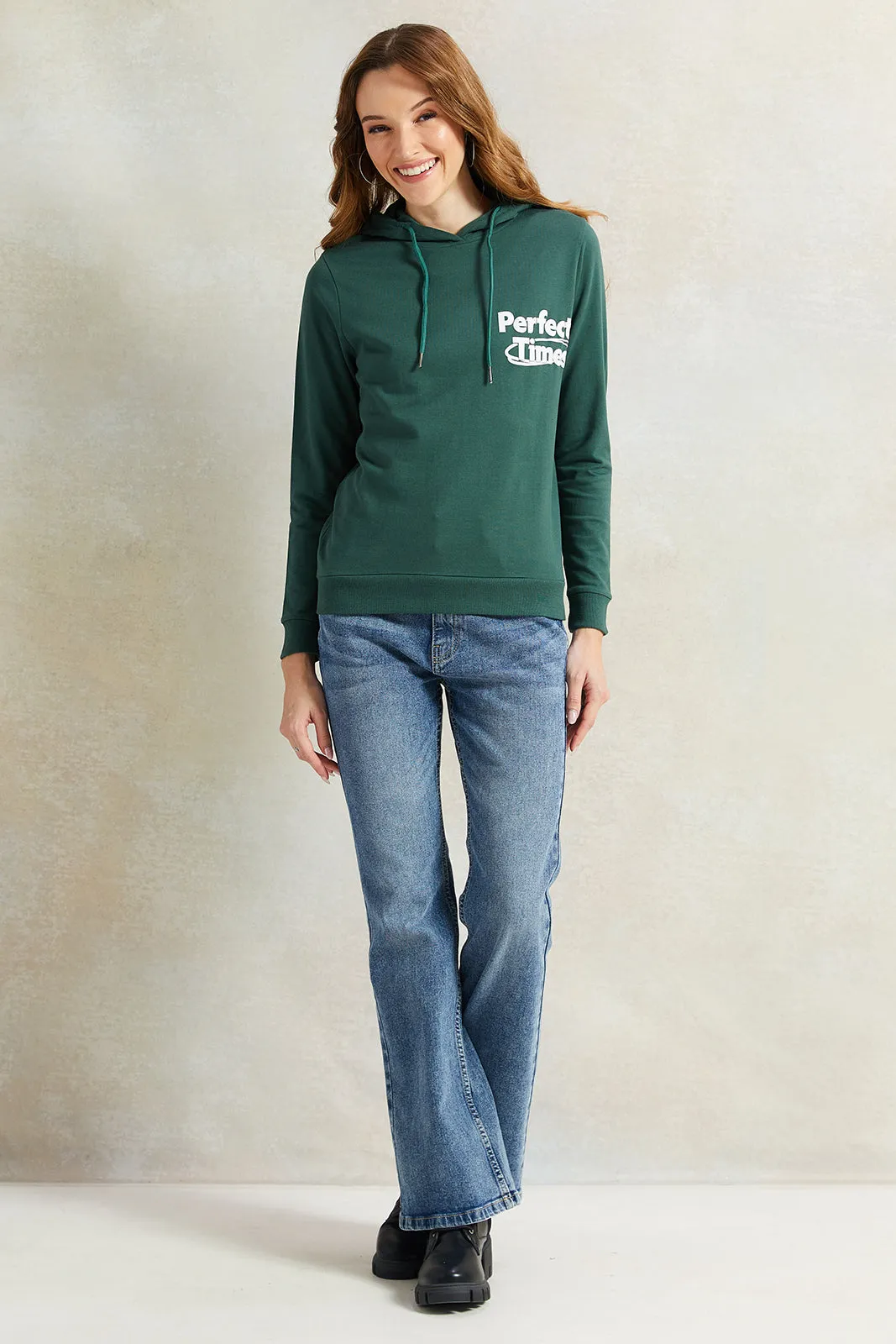 Women Green Print Hooded Sweatshirt