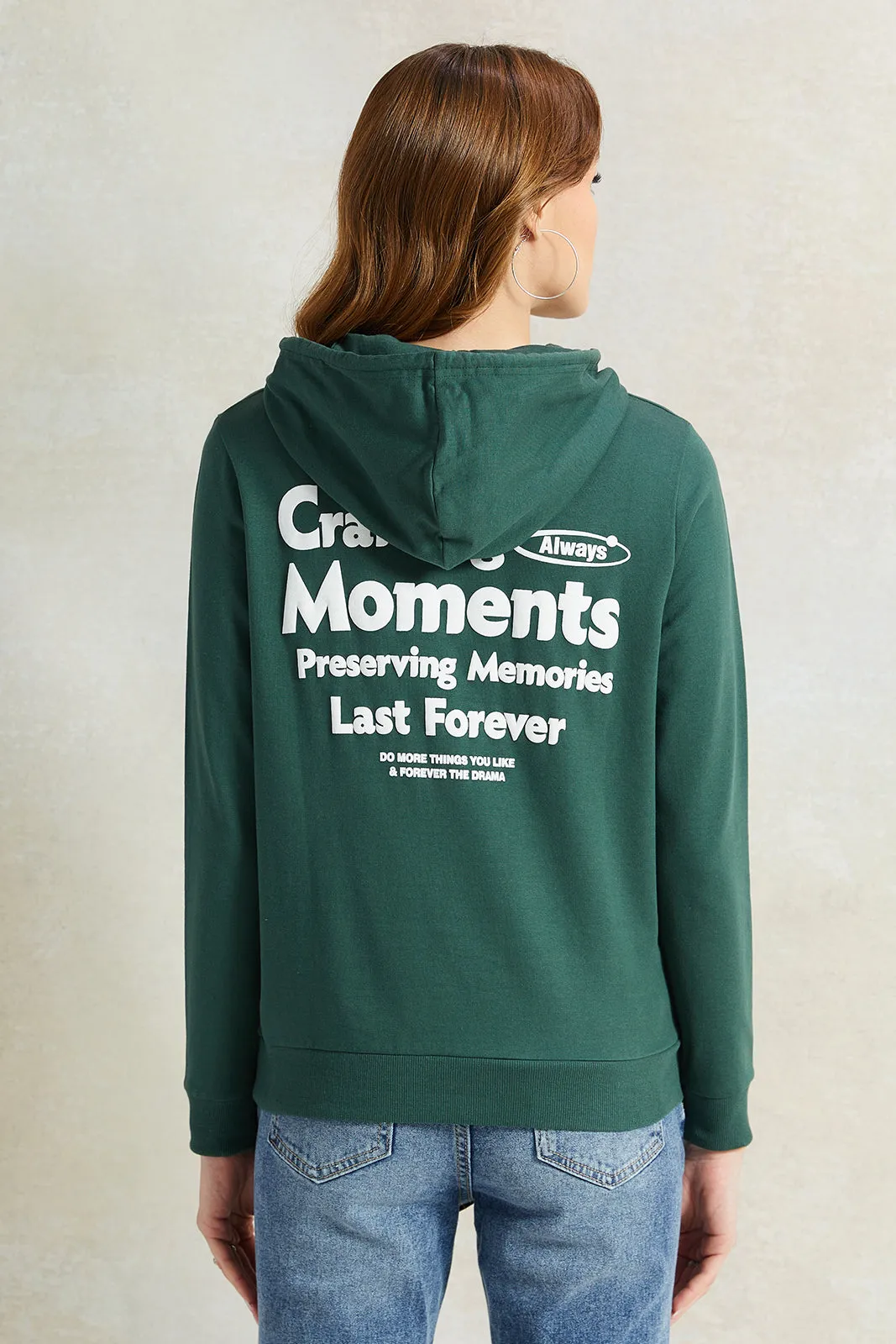 Women Green Print Hooded Sweatshirt