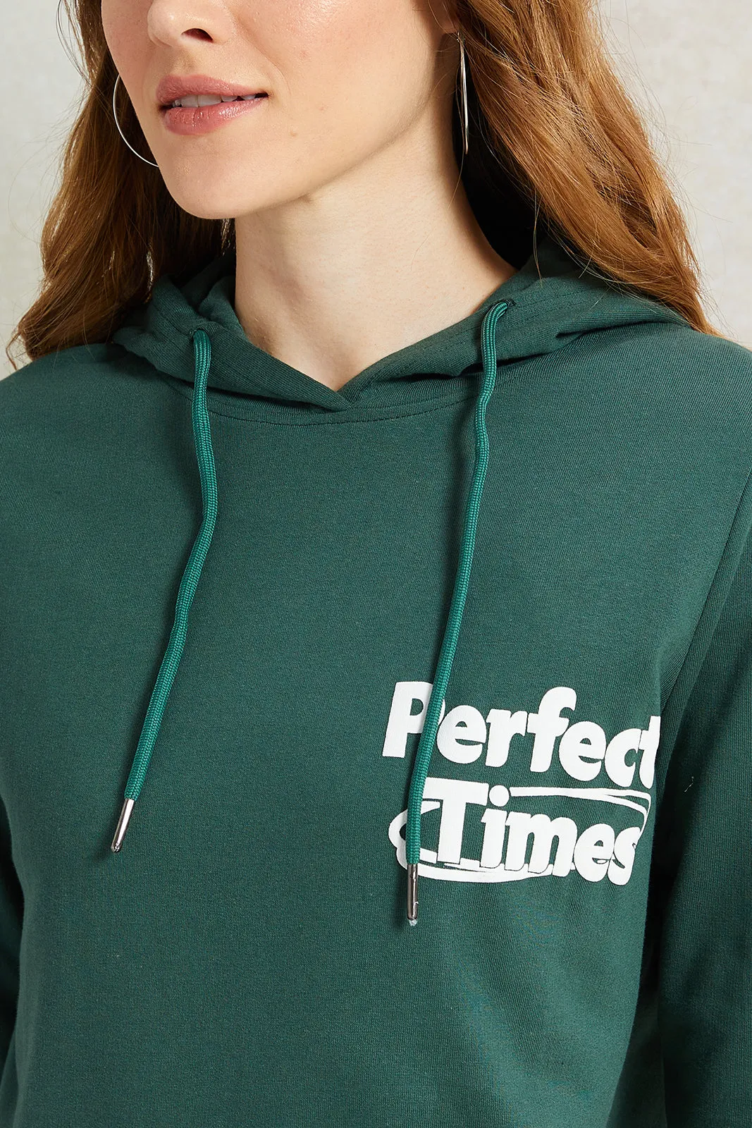 Women Green Print Hooded Sweatshirt