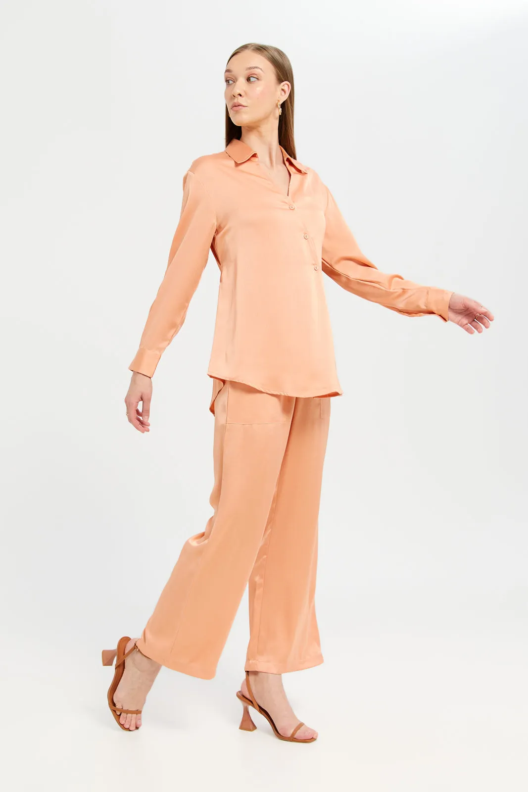 Women Orange Wide Leg Elasticated Waist Trousers