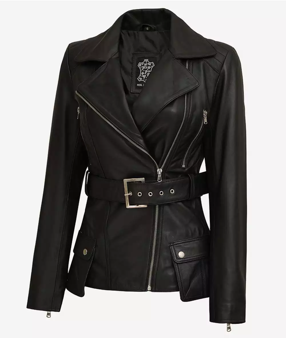 Women's Black Asymmetrical Belted Moto Leather Jacket