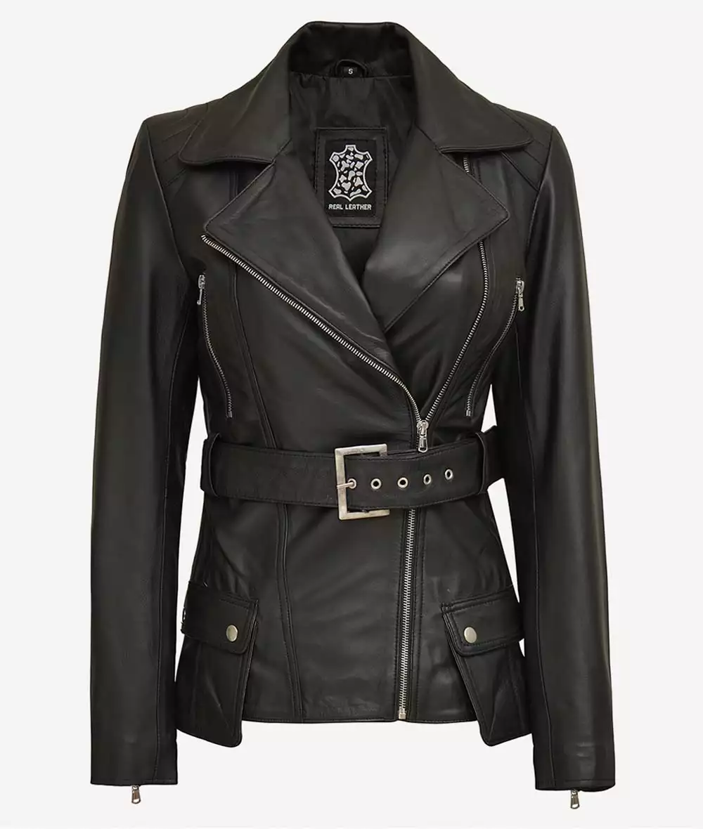 Women's Black Asymmetrical Belted Moto Leather Jacket