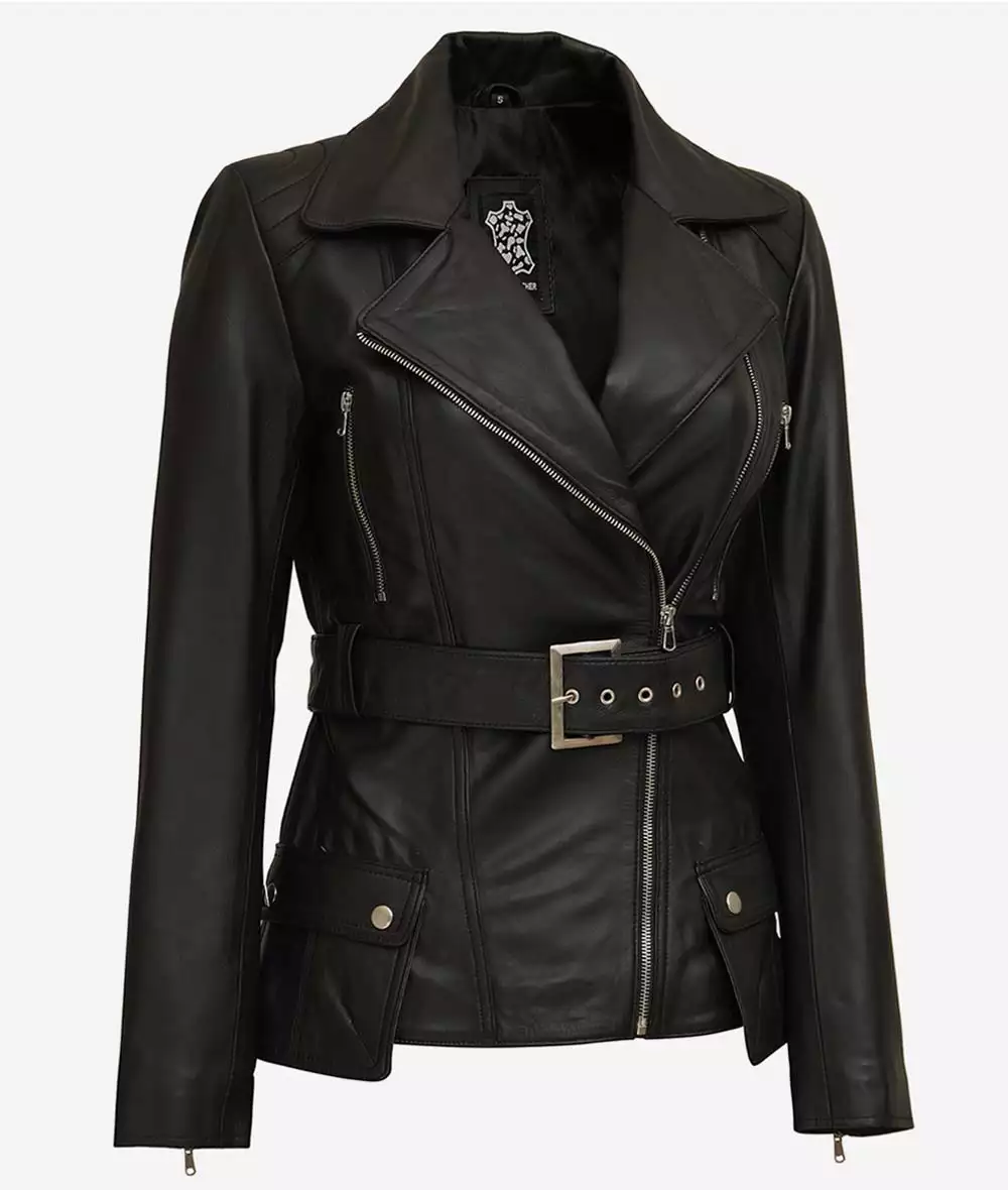 Women's Black Asymmetrical Belted Moto Leather Jacket