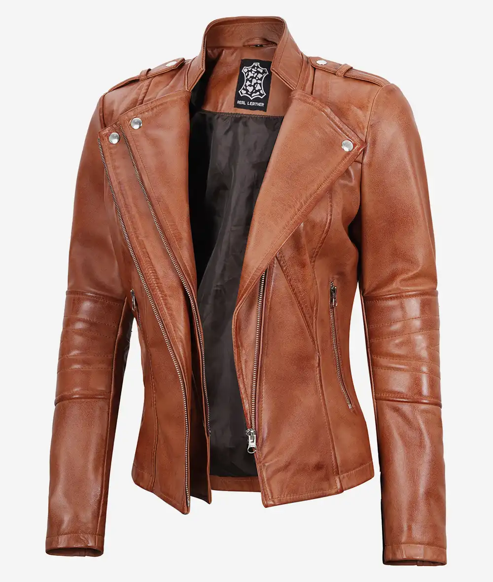 Women's Tan Asymmetrical Moto Leather Jacket