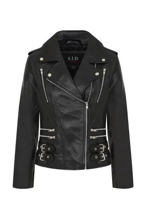 Women's Black Leather Biker Jacket - Emma