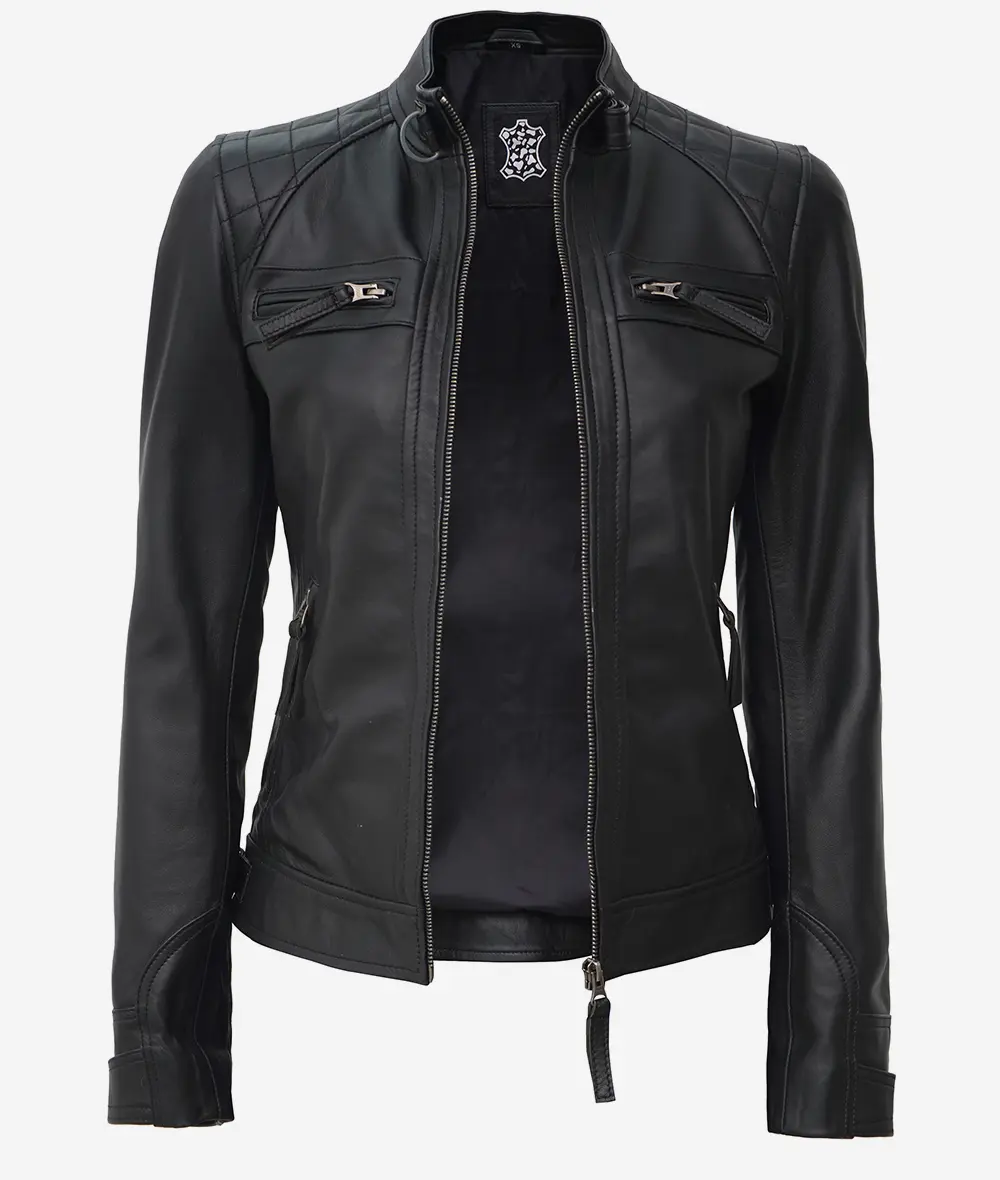 Womens Black Leather Cafe Racer Jacket - Quilted Shoulder